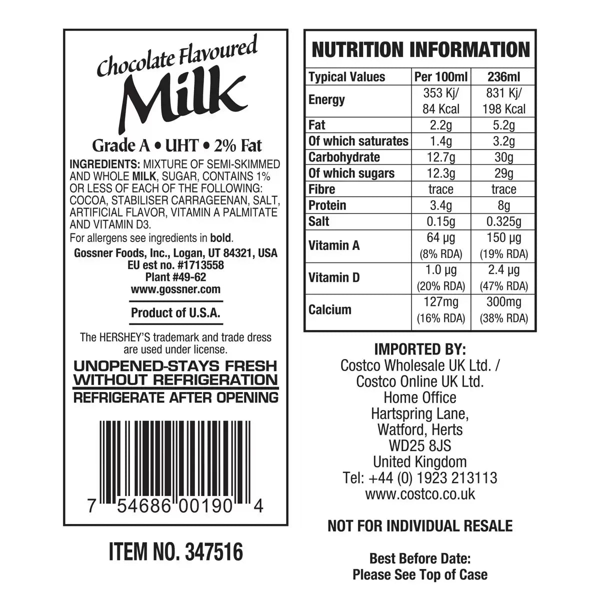 Hershey's Chocolate Milk Drink, 18 x 236ml