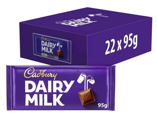 Cadbury Dairy Milk Chocolate Bar 95g (Pack of 22)