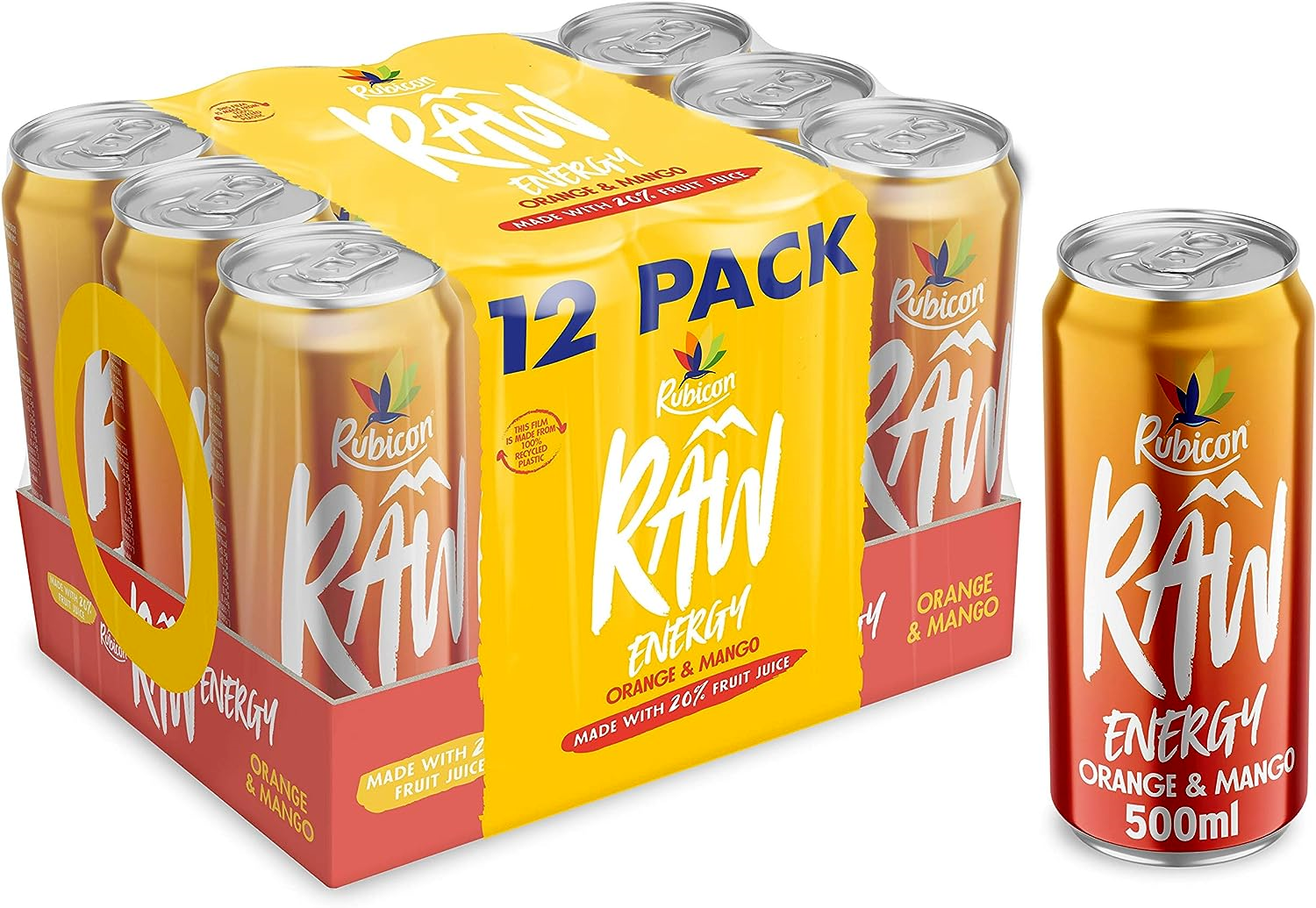 Rubicon Raw Energy Orange and Mango , 12 x 500ml Cans